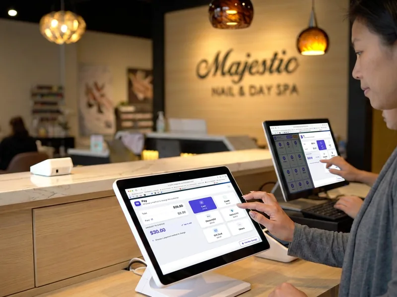 A salon technician checking out a client on the D3 app