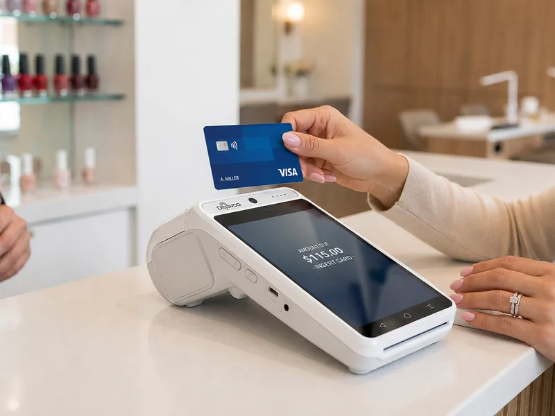 Dejavoo QD2 payment terminal at a nail salon front desk