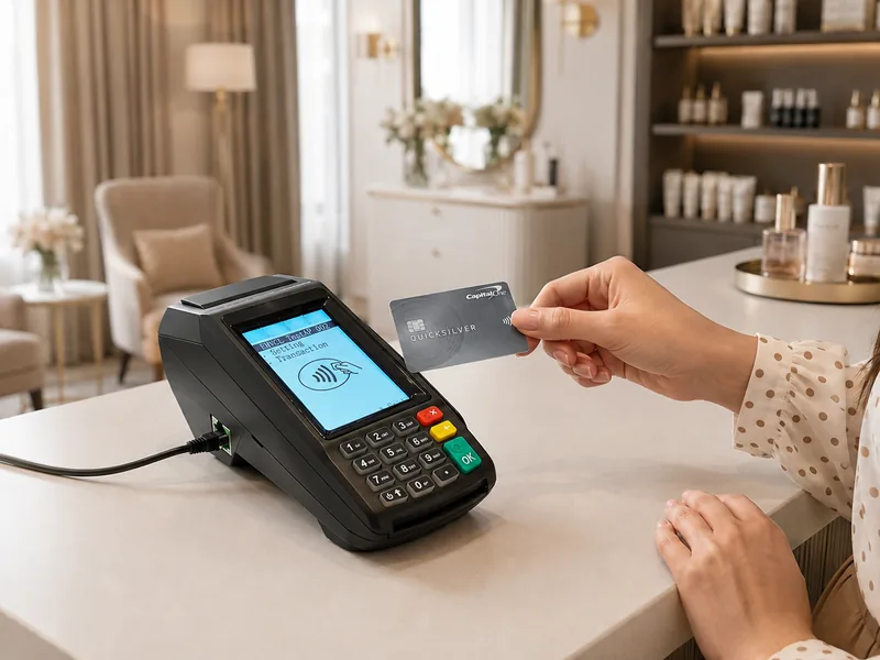 Dejavoo Z11 payment terminal at a nail salon front desk
